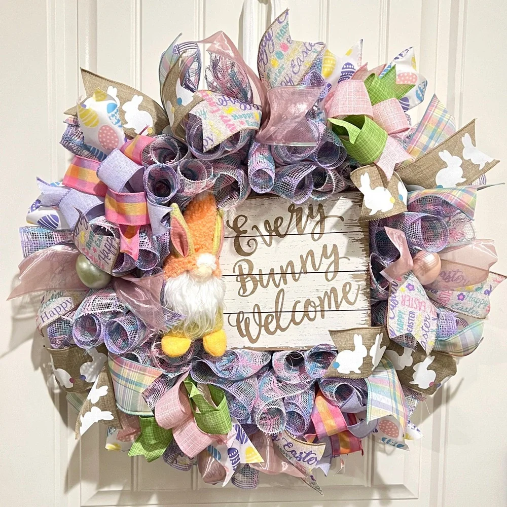 23” Easter Ribbon Wreath Bunny Gnome in Pink, Purple & White Handmade W6